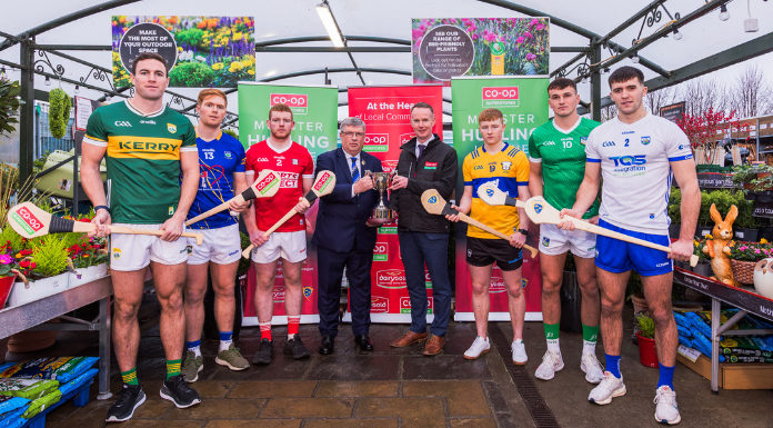 Pictured at the official Co-op Superstores Munster Hurling League 2024 launch at Co-op Superstores Raheen Ger Ryan - Munster GAA Chairman, Conor Galvin CEO of Dairygold with Shane Meehan - Clare, Conor O’Callaghan - Cork, Fionnan MacKessy - Kerry, Cathal O’Neill - Limerick, Jason Forde - Tipperary and Mark Fitzgerald - Waterford. Photo from Munster GAA via Canva.com.