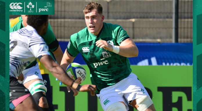 Brian Gleeson in action at the 2023 World Rugby U20 Championship. Photo from @IrishRugby on Twitter via Canva.com.