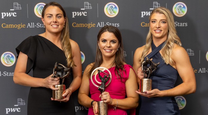 Cáit Devane, Jean Kelly and Karen Kennedy receive their awards at the 2023 All-Star ceremony. Photo credit from Marty Ryan Sportsfocus.