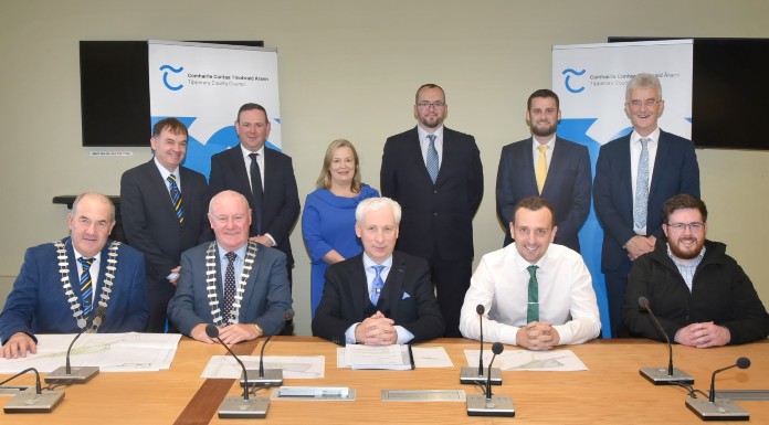 Front row – left to right Cathaoirleach Tipperary County Council Ger Darcy, Cathaoirleach Carrick on Suir Municipal District Kieran Bourke, Joe MacGrath Chief Executive Tipperary County Council, Declan Foley GLAS Civil Engineering Ltd, Martin Fitzgerald GLAS Civil Engineering Ltd.  

 

Back Row – left to right Councillor David Dunne, Brian Beck Director of Services, Marie O Gorman Carrick on Suir District Administrator, Denis Power, Carrick on Suir District Engineer, Ciarán O Shea Project Manager, Peter O Donnell, Malachy Walsh and Partners.