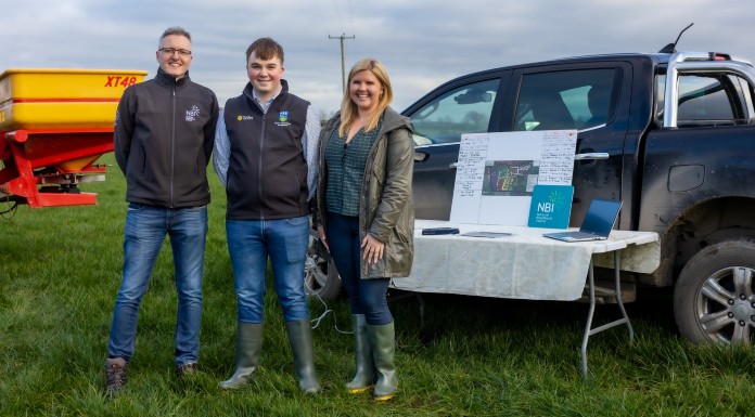 Tipp farmer Darragh Haugh (centre) alongside Niall Beirne, National Broadband Ireland (NBI), and Alexandra McCourt, RISE Global Foundation. Darragh was awarded a €1000 cash grant from the RISE Community Fund in recognition of his entrepreneurial use of technology to improve the operations and outputs of local farms.