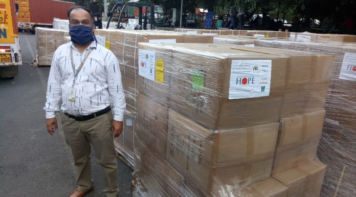 The pallets of PPE which has landed safely in India. Photo: Sandra Farrell / Facebook.