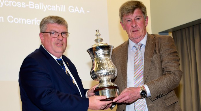 The new cup was presented by Johnny Doyle on behalf of the Doyle Family to the Ger Ryan, Chairman of Munster Council on Tuesday April 23rd at a ceremony held in the Horse and Jockey Hotel.