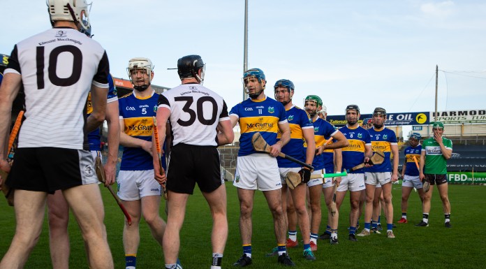 Players from Kiladangan and Kilruane MacDonaghs greet each other ahead of the 2022 County senior hurling final on Sunday October 23rd, 2022. (c) Sportsfocus.ie.