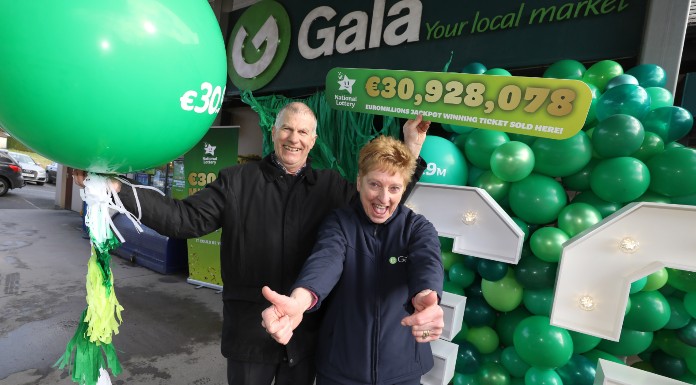 Michael and Siobhán Larkin celebrate after it was announced that their store, Larkin's Gala Service Station in Ballina, Co. Tipperary sold the winning ticket worth over €30.9 million in last Friday's EuroMillions draw.