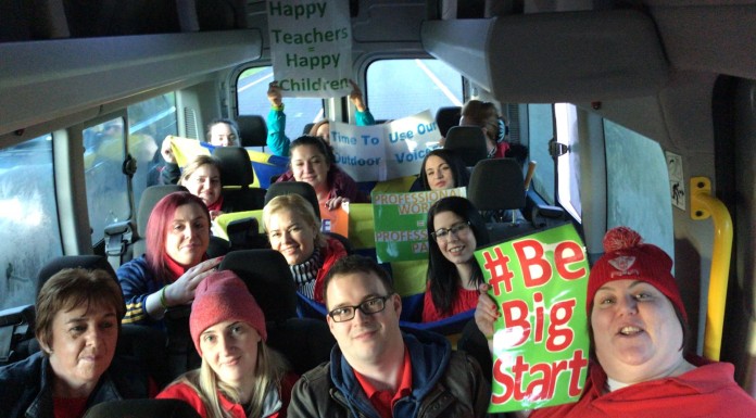 People from Little Learners and First Steps Roscrea enroute to Dublin for the childcare protest on February 5, 2020. 

Photo from Little Learners and First Steps