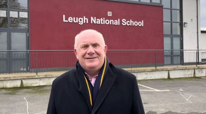 Fianna Fáil TD Jackie Cahill outside Leugh National School.