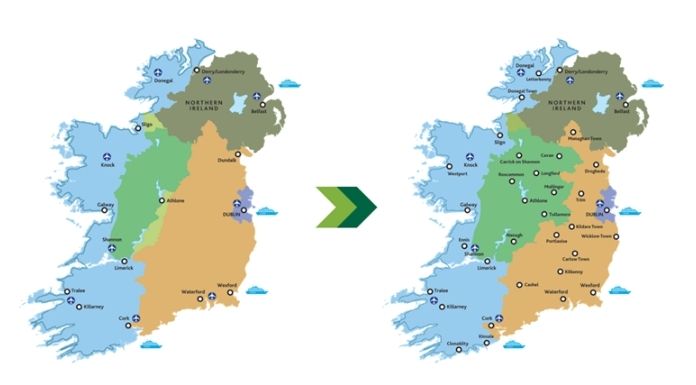 (L to R) The old and new regional maps for Fáilte Ireland's tourism areas. Ireland's Hidden Heartlands is in light green.