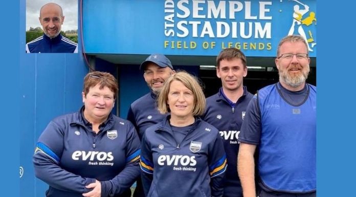 The Tipperary Senior Camogie management team for 2022. Front: (L to R) Carmel Bradshaw, Mary Howard, Bill Mullaney. Back: Denis Kelly, Dinny Ferncombe. Inset: Alan O'Connor. Photo: Official Tipperary Camogie / Facebook.