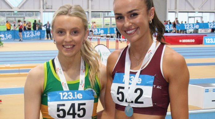 Katie Bergin and Sharlene Mawdsley at the National Senior Indoor T&F Championships. Photo by Martin Flynn