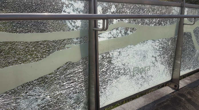 Damage to the glass panels on the Old Bridge, Clonmel. Photo © Tipp FM.