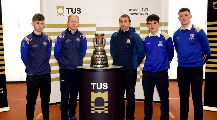 From left-right, Thurles CBS Harty cup captain Tommy Maher and manager Éamonn Buckley, Cashel Community School Harty Cup manager Brendan Ryan and joint captains Ben Currivan and Ronan Connolly. Photo from Munster GAA via Canva.com.