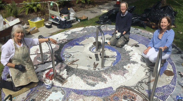 Pictured at the mosaic art outside Carrick-on-Suir library are (l-r): Artists Sheila Wood, Margueritte Kent and Branch Manager Carol Delany. Photo courtesy of Carrick-on-Suir library.